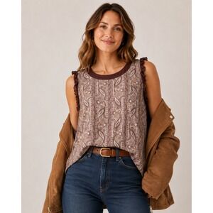 Chaser Womens Tank Top M Rust Burgundy Paisley Ruffle Boho Romantic Layering NWT
